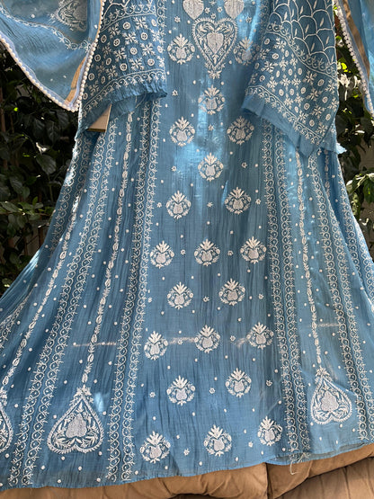 Mulmul Anarkali Suit Set with Heavy Embbroidered Yoke & Intricate Kali Work with Statement Sleeves (Set of 3) (Stitched)