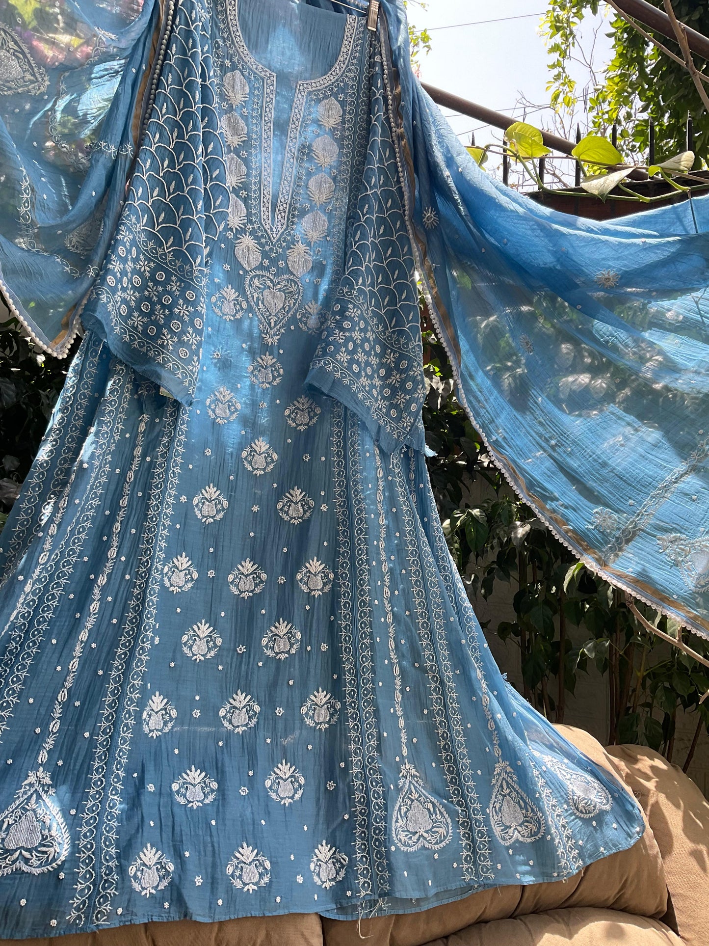 Mulmul Anarkali Suit Set with Heavy Embbroidered Yoke & Intricate Kali Work with Statement Sleeves (Set of 3) (Stitched)