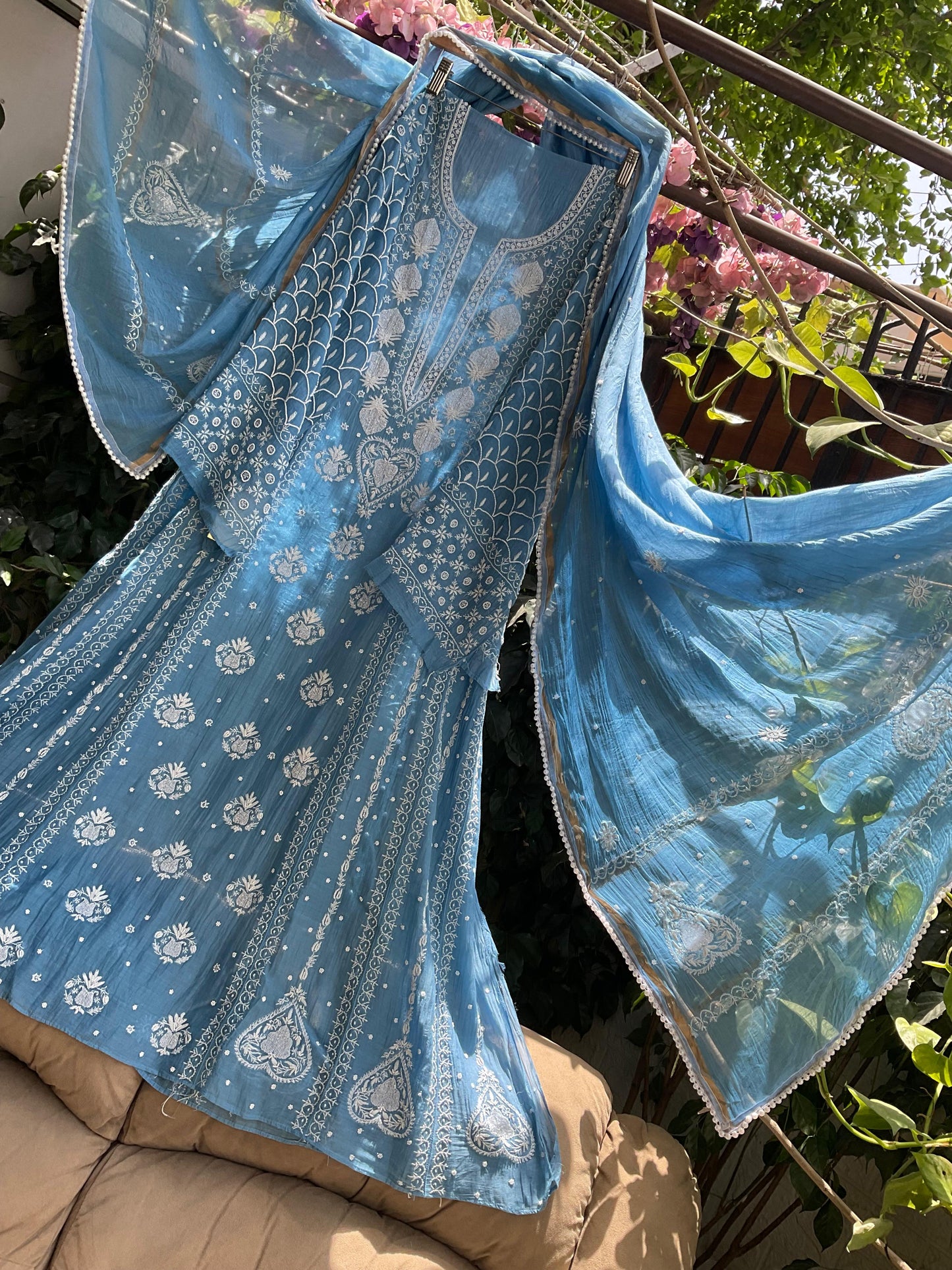 Mulmul Anarkali Suit Set with Heavy Embbroidered Yoke & Intricate Kali Work with Statement Sleeves (Set of 3) (Stitched)