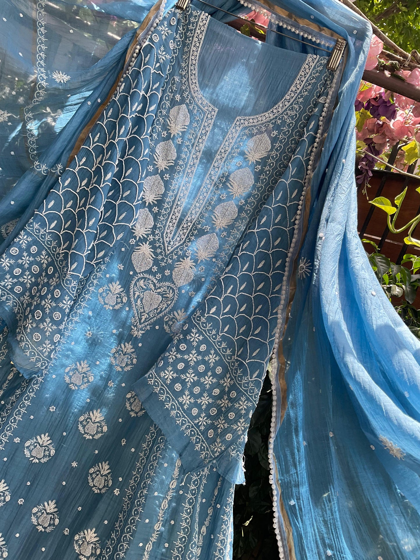 Mulmul Anarkali Suit Set with Heavy Embbroidered Yoke & Intricate Kali Work with Statement Sleeves (Set of 3) (Stitched)