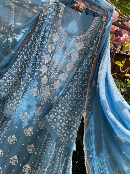 Mulmul Anarkali Suit Set with Heavy Embbroidered Yoke & Intricate Kali Work with Statement Sleeves (Set of 3) (Stitched)