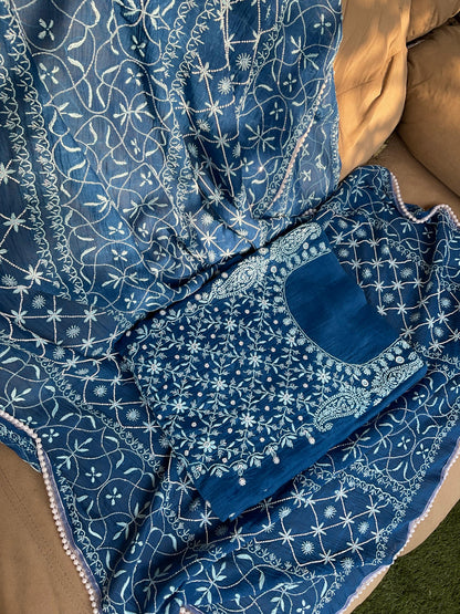 Mulmul Kurta Set with Chikankari Work & Pearl-Cutdana Embellishments with Handcrafted Dupatta (Set of 3) (Stitched)