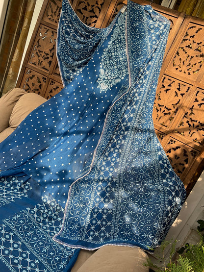 Mulmul Kurta Set with Chikankari Work & Pearl-Cutdana Embellishments with Handcrafted Dupatta (Set of 3) (Stitched)