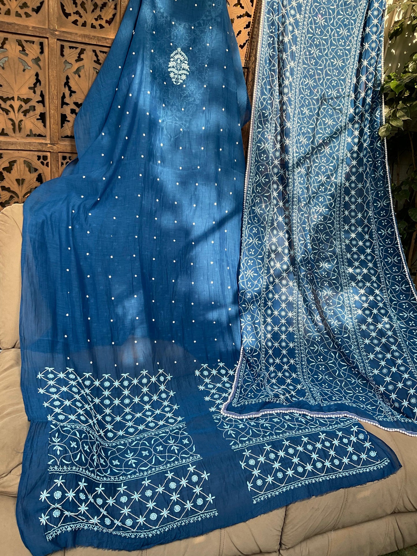 Mulmul Kurta Set with Chikankari Work & Pearl-Cutdana Embellishments with Handcrafted Dupatta (Set of 3) (Stitched)