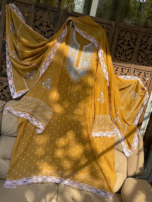 Kurta Set with Multi-thread Chikankari & Cutdana Pearl Embellishments with Handcrafted Dupatta (Set of 3) (Stitched)