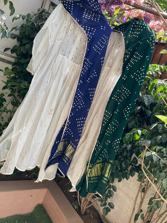 Mulmul Kurta Set with Kaamdani & Mukesh Work with Bandhini Gaji Silk Dupatta (Set of 3) (Semi-stitched)