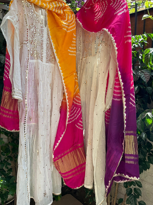 Mulmul Kurta Set with Kaamdani & Mukesh Work with Bandhini Gaji Silk Dupatta (Set of 2) (Un-Stitched)