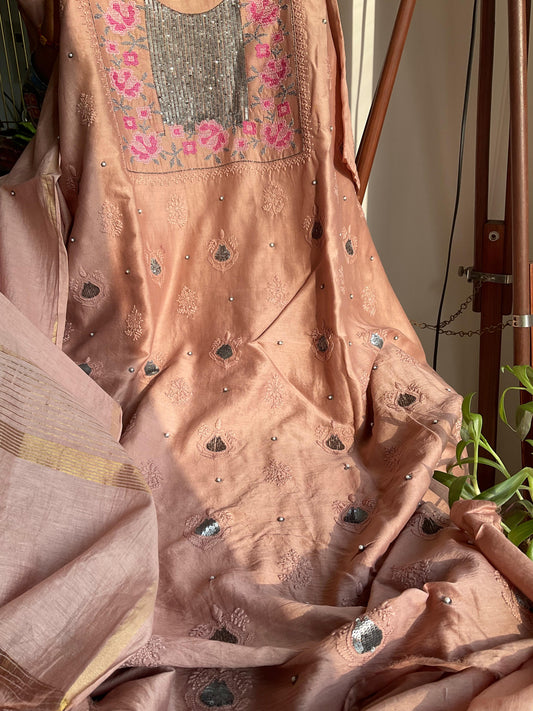 Pure Chanderi Silk Kurta Set with Chikankari Booties & Cross Stitch Sequins Neckline with Embroidered Dupatta (Set of 3) (Unstitched)