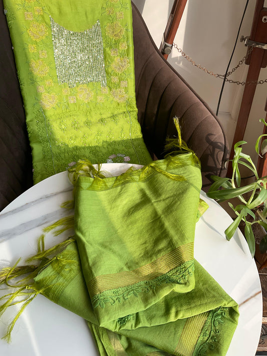 Pure Chanderi Silk Kurta Set with Chikankari Embroidered Panel & Sequins Cross Stitch Neckline with Embroidered Dupatta (Set of 3) (Unstitched)