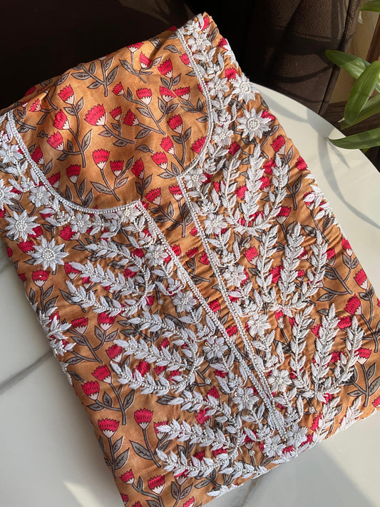Pure Mul Cotton Kurta with Chikankari Handwork & Printed Floral Butis (Single Piece) (Unstitched)