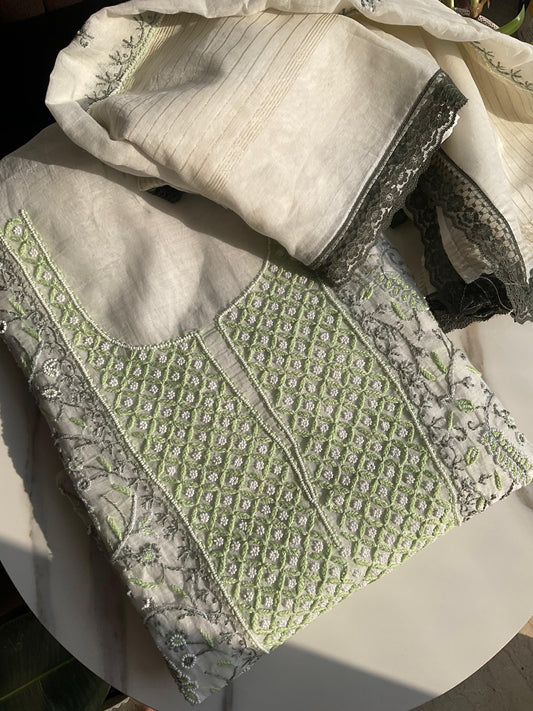 Mulmul Kurta Set with Chikankari & Pearl-Cutdana Embellished Panels with Embroidered Dupatta (Set of 3) (Unstitched)