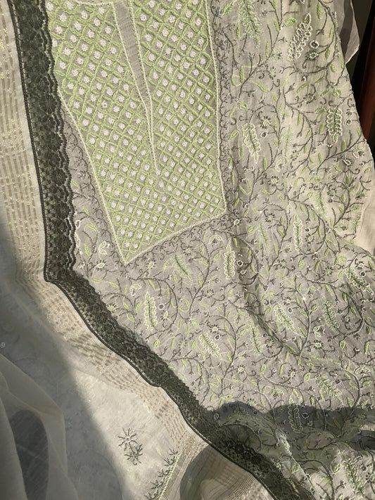 Mulmul Kurta Set with Chikankari & Pearl-Cutdana Embellished Panels with Embroidered Dupatta (Set of 3) (Unstitched)