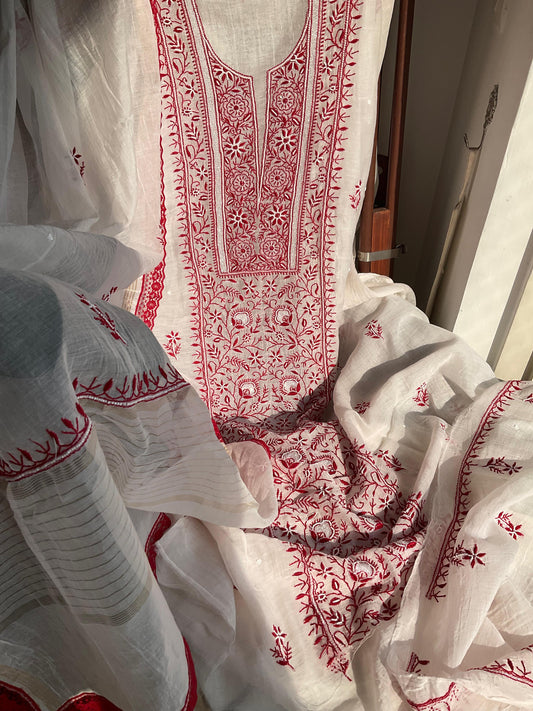 Mulmul Kurta Set with Chikankari & Pearl-Cutdana Embellished Panels with Lace-Finished Dupatta (Set of 3) (Unstitched)