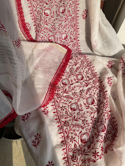 Ensemble Kurta Mulmul avec empiècements embellis Chikankari et perles-cutdana, et dupatta bordé de dentelle (Ensemble de 3) (Non cousu)