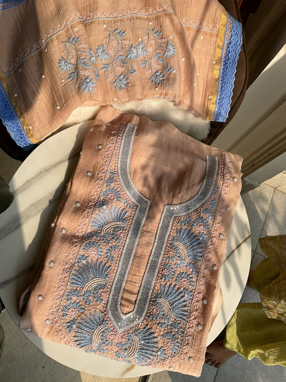 Pure Mulmul Kurta Set with Multi-Thread Chikankari & Pearl Embellishments with Embroidered Dupatta (Set of 3) (Semi-Stitched)