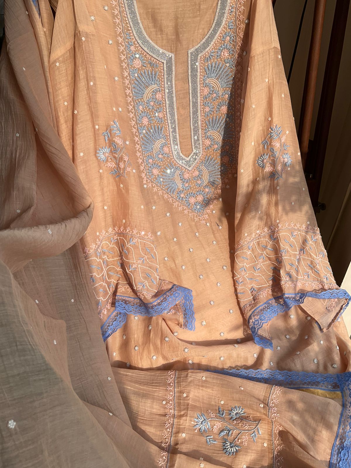 Pure Mulmul Kurta Set with Multi-Thread Chikankari & Pearl Embellishments with Embroidered Dupatta (Set of 3) (Semi-Stitched)