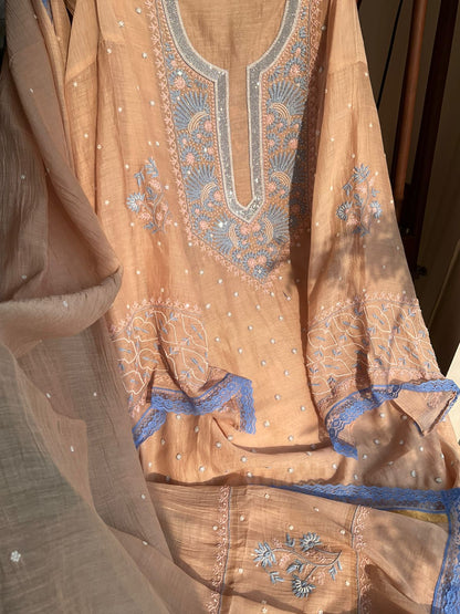 Pure Mulmul Kurta Set with Multi-Thread Chikankari & Pearl Embellishments with Embroidered Dupatta (Set of 3) (Semi-Stitched)