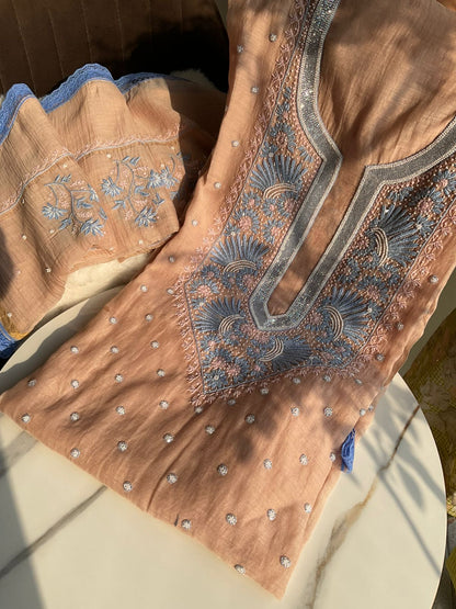 Pure Mulmul Kurta Set with Multi-Thread Chikankari & Pearl Embellishments with Embroidered Dupatta (Set of 3) (Semi-Stitched)