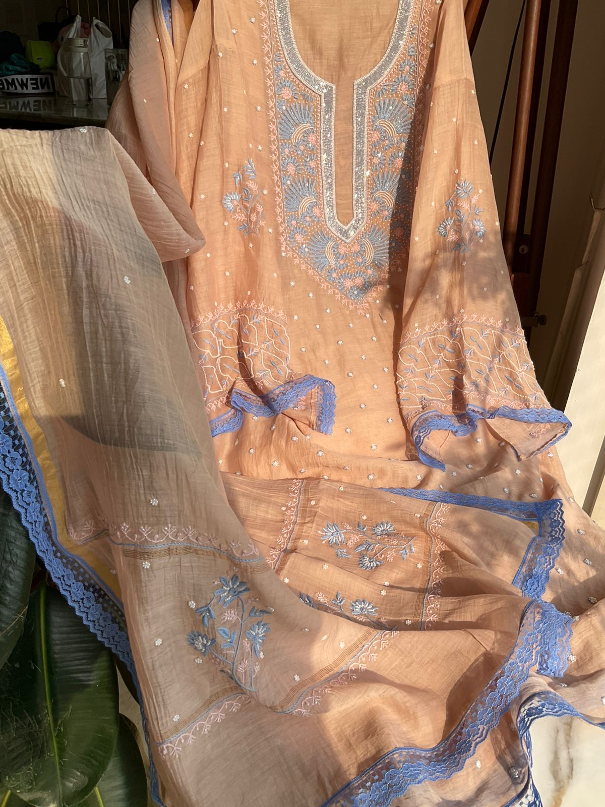 Pure Mulmul Kurta Set with Multi-Thread Chikankari & Pearl Embellishments with Embroidered Dupatta (Set of 3) (Semi-Stitched)