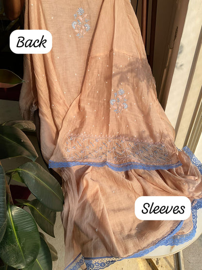 Pure Mulmul Kurta Set with Multi-Thread Chikankari & Pearl Embellishments with Embroidered Dupatta (Set of 3) (Semi-Stitched)