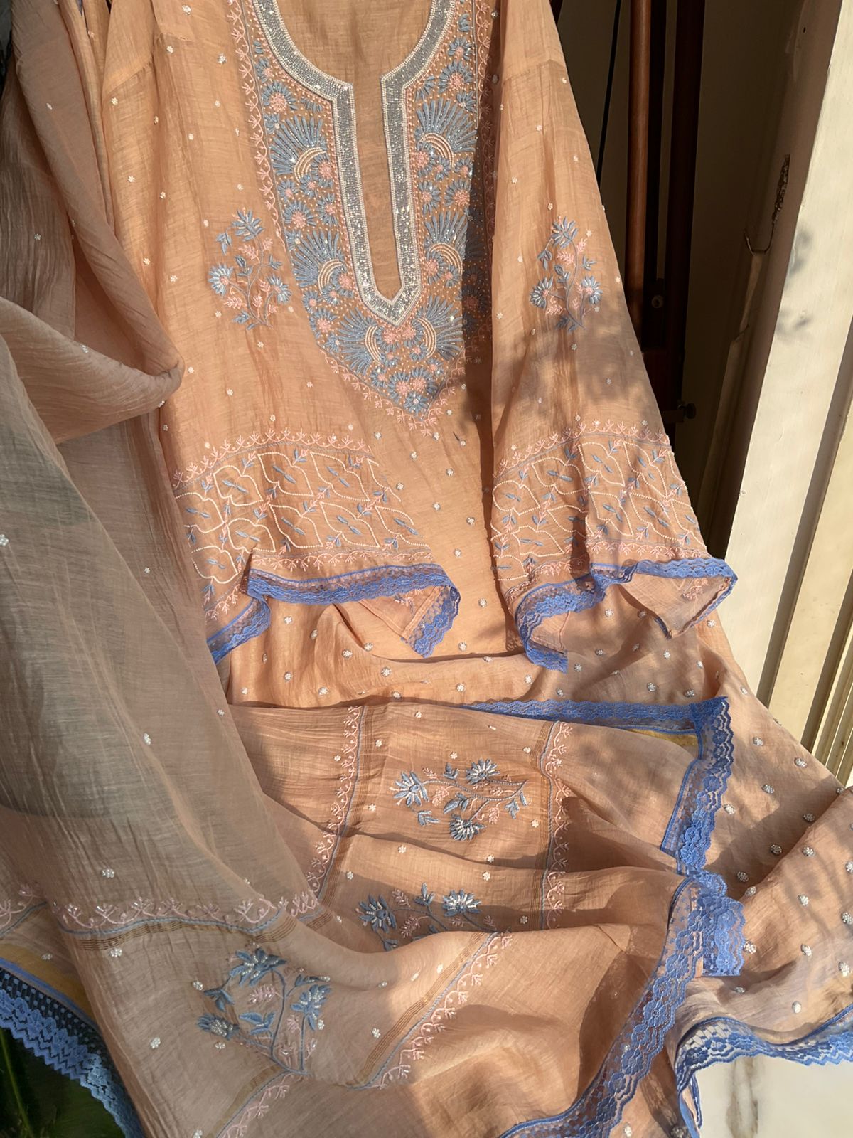 Pure Mulmul Kurta Set with Multi-Thread Chikankari & Pearl Embellishments with Embroidered Dupatta (Set of 3) (Semi-Stitched)