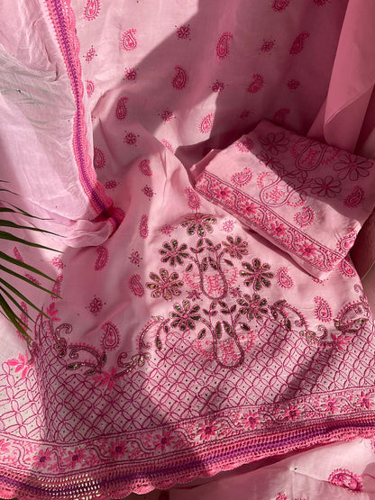 Ensemble Kurta en voile de pur coton avec broderies Chikankari et Mukaish et dupatta en mousseline (lot de 3) (non cousu)