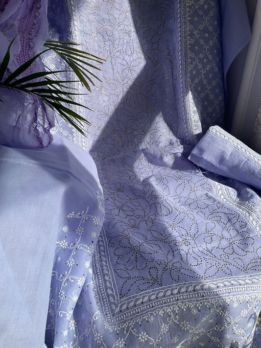 Ensemble Kurta en voile de pur coton avec broderie Chikankari Jaal et Mukaish et dupatta en mousseline (lot de 3) (non cousu)