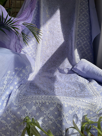 Ensemble Kurta en voile de pur coton avec broderie Chikankari Jaal et Mukaish et dupatta en mousseline (lot de 3) (non cousu)