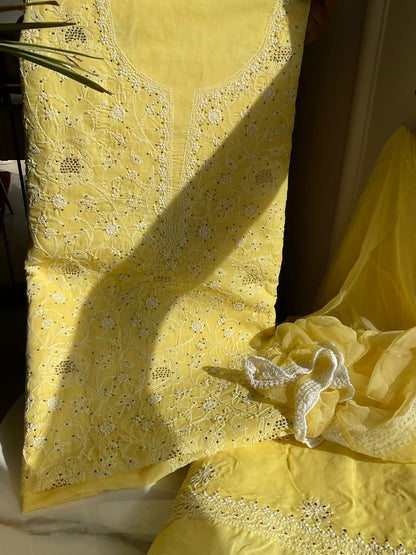 Ensemble Kurta en Voile de Coton Pur avec Motif Rose Jaal Chikankari & Travail Mukaish avec Dupatta en Mousseline (Lot de 3) (Non Cousu)