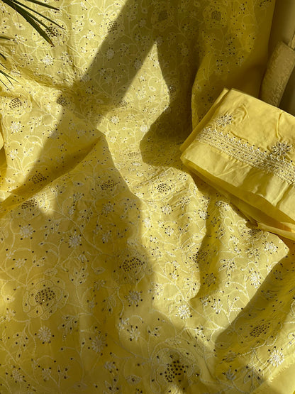 Ensemble Kurta en Voile de Coton Pur avec Motif Rose Jaal Chikankari & Travail Mukaish avec Dupatta en Mousseline (Lot de 3) (Non Cousu)