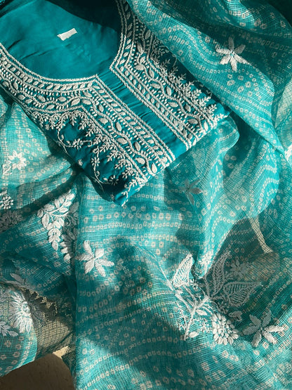 Ensemble Kurta en Pur Coton avec Chikankari Jaal sur toute la surface et Dupatta Kota Imprimé Bandhani (Lot de 3) (Non Cousu)