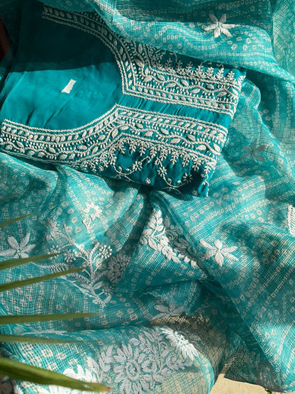 Ensemble Kurta en Pur Coton avec Chikankari Jaal sur toute la surface et Dupatta Kota Imprimé Bandhani (Lot de 3) (Non Cousu)