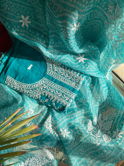 Ensemble Kurta en Pur Coton avec Chikankari Jaal sur toute la surface et Dupatta Kota Imprimé Bandhani (Lot de 3) (Non Cousu)