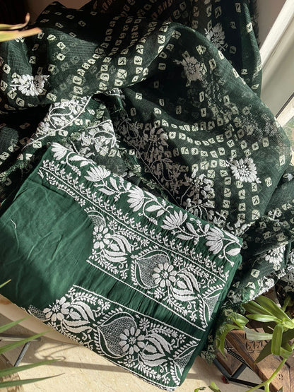 Ensemble Kurta en pur coton avec dupatta Kota imprimé Chikankari et Bandhani (Lot de 3) (Non cousu)