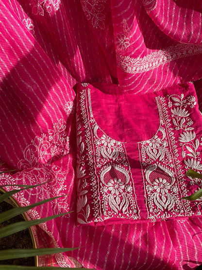 Ensemble Kurta en pur coton avec Dupatta Kota imprimé Chikankari et Leheriya (Lot de 3) (Non cousu)