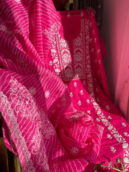 Ensemble Kurta en pur coton avec Dupatta Kota imprimé Chikankari et Leheriya (Lot de 3) (Non cousu)