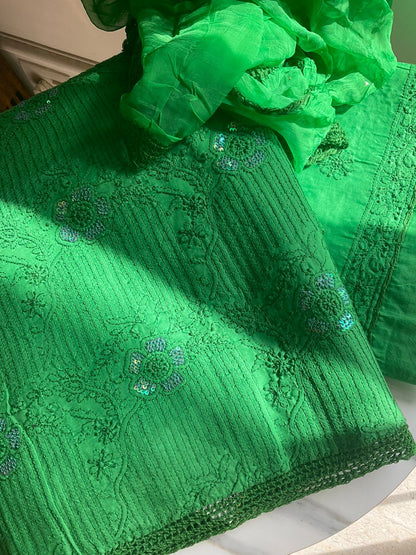 Ensemble Kurta Vert Feuille en Voile Pur Coton avec Broderies Chikankari et Paillettes, et Dupatta en Mousseline (Lot de 3) (Non Cousu)