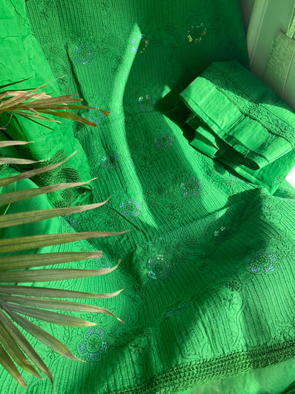 Ensemble Kurta Vert Feuille en Voile Pur Coton avec Broderies Chikankari et Paillettes, et Dupatta en Mousseline (Lot de 3) (Non Cousu)