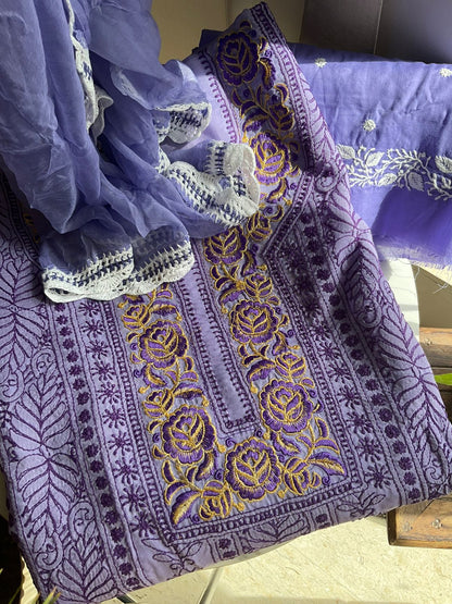 Ensemble kurta en voile de pur coton avec broderies Chikankari et Parsi et dupatta en mousseline (lot de 3) (non cousu)