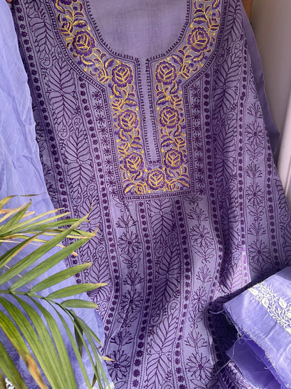 Ensemble kurta en voile de pur coton avec broderies Chikankari et Parsi et dupatta en mousseline (lot de 3) (non cousu)
