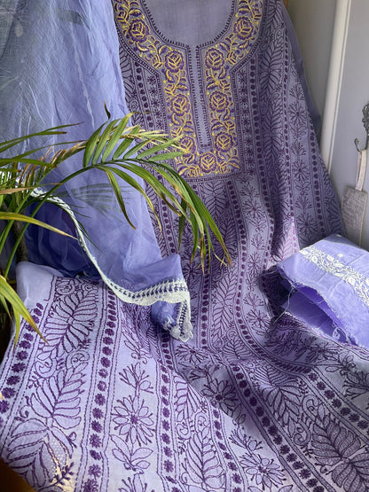 Ensemble kurta en voile de pur coton avec broderies Chikankari et Parsi et dupatta en mousseline (lot de 3) (non cousu)