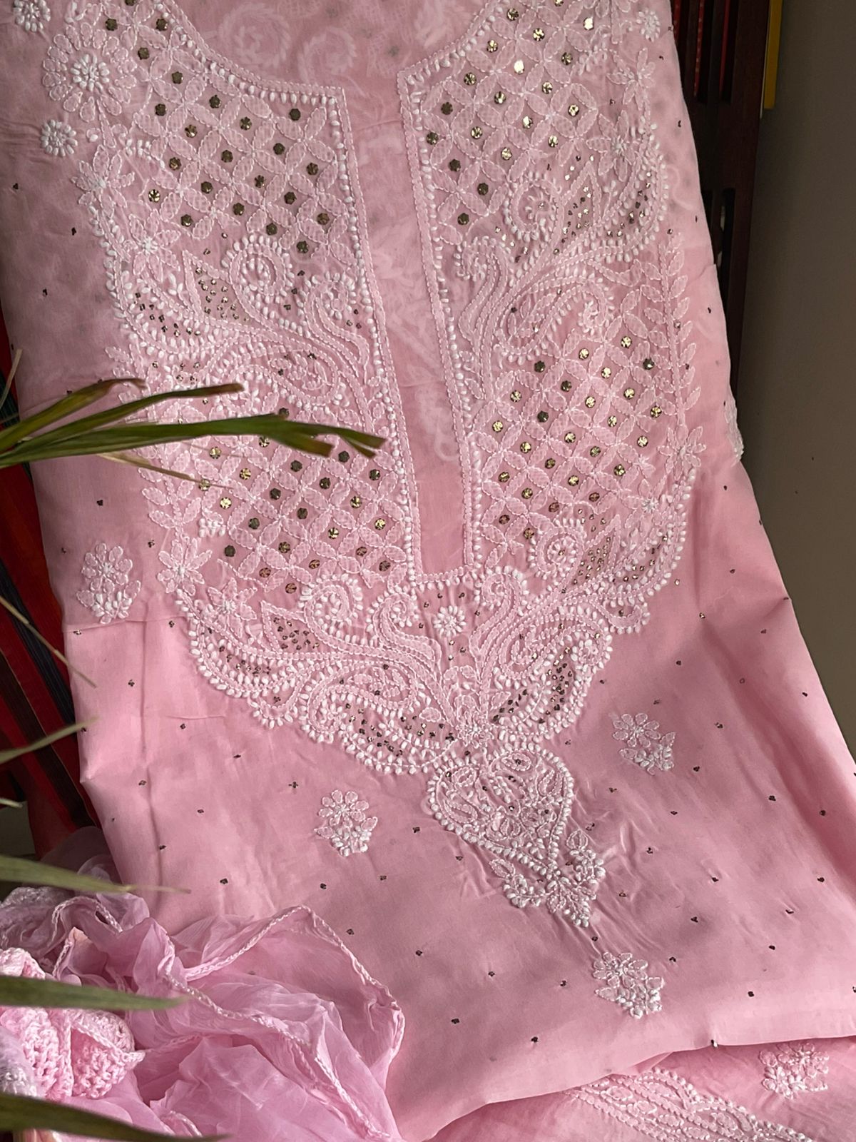 Pure Cotton Voile Kurta Set with Embroidered Neckline & Mukesh Work with Chiffon Dupatta (Set of 3) (Unstitched)