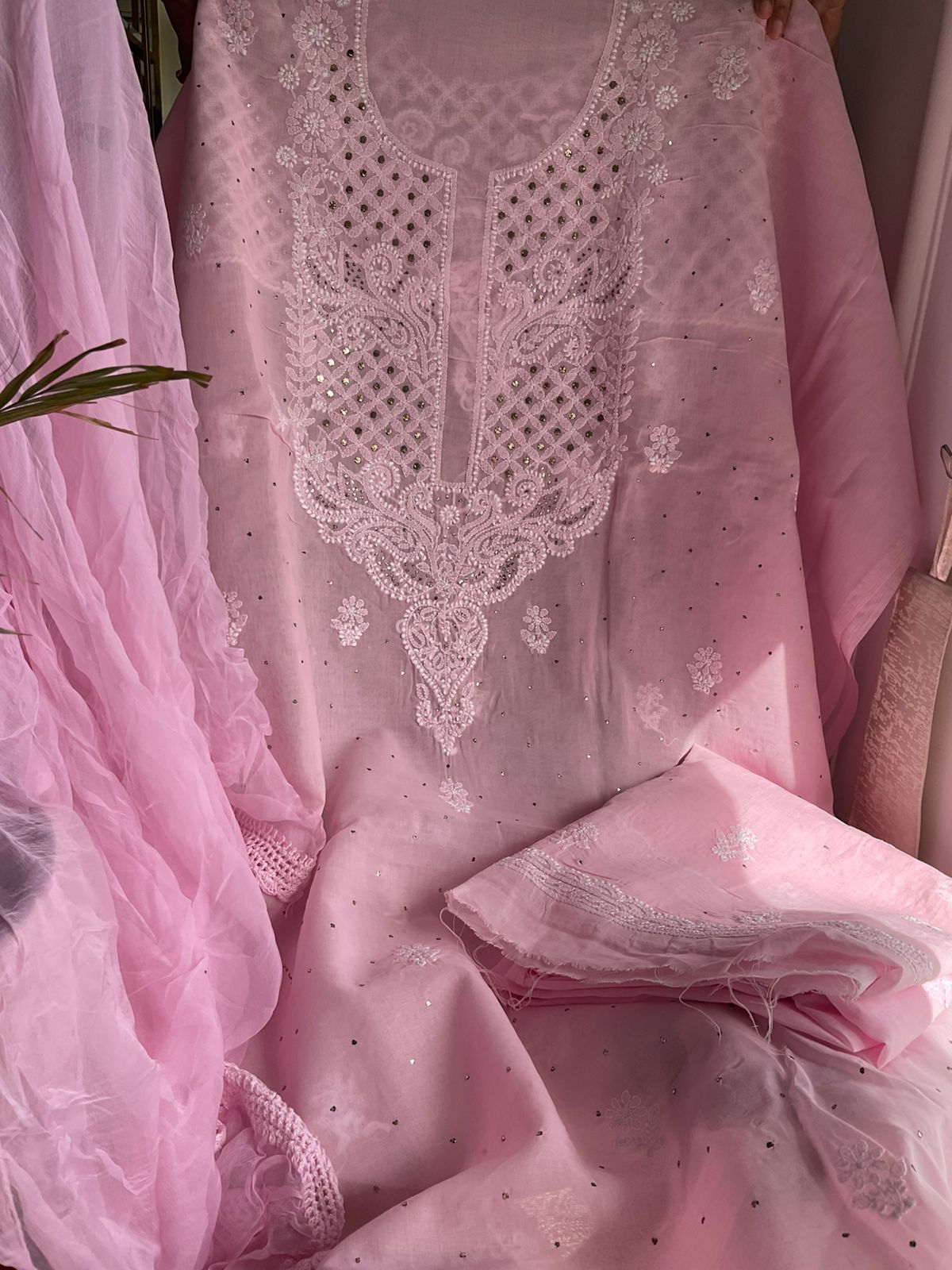 Pure Cotton Voile Kurta Set with Embroidered Neckline & Mukesh Work with Chiffon Dupatta (Set of 3) (Unstitched)