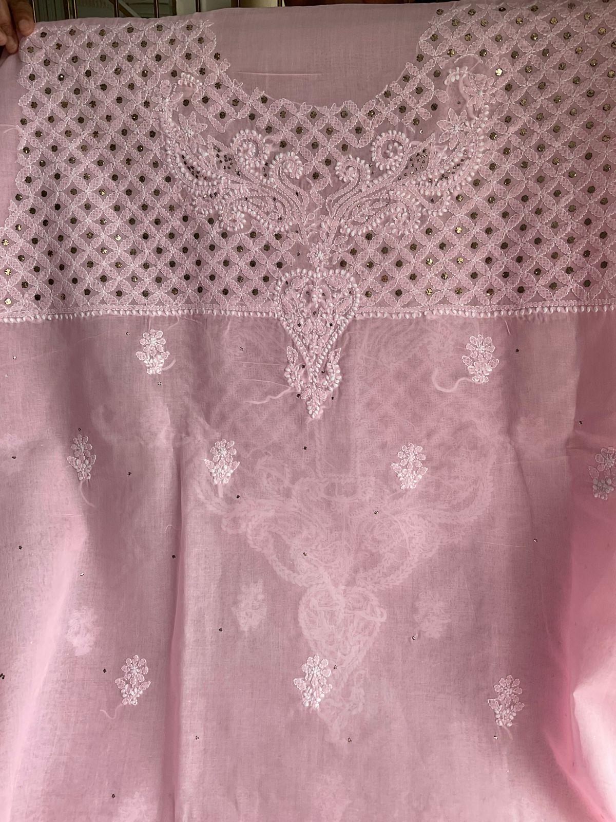 Pure Cotton Voile Kurta Set with Embroidered Neckline & Mukesh Work with Chiffon Dupatta (Set of 3) (Unstitched)