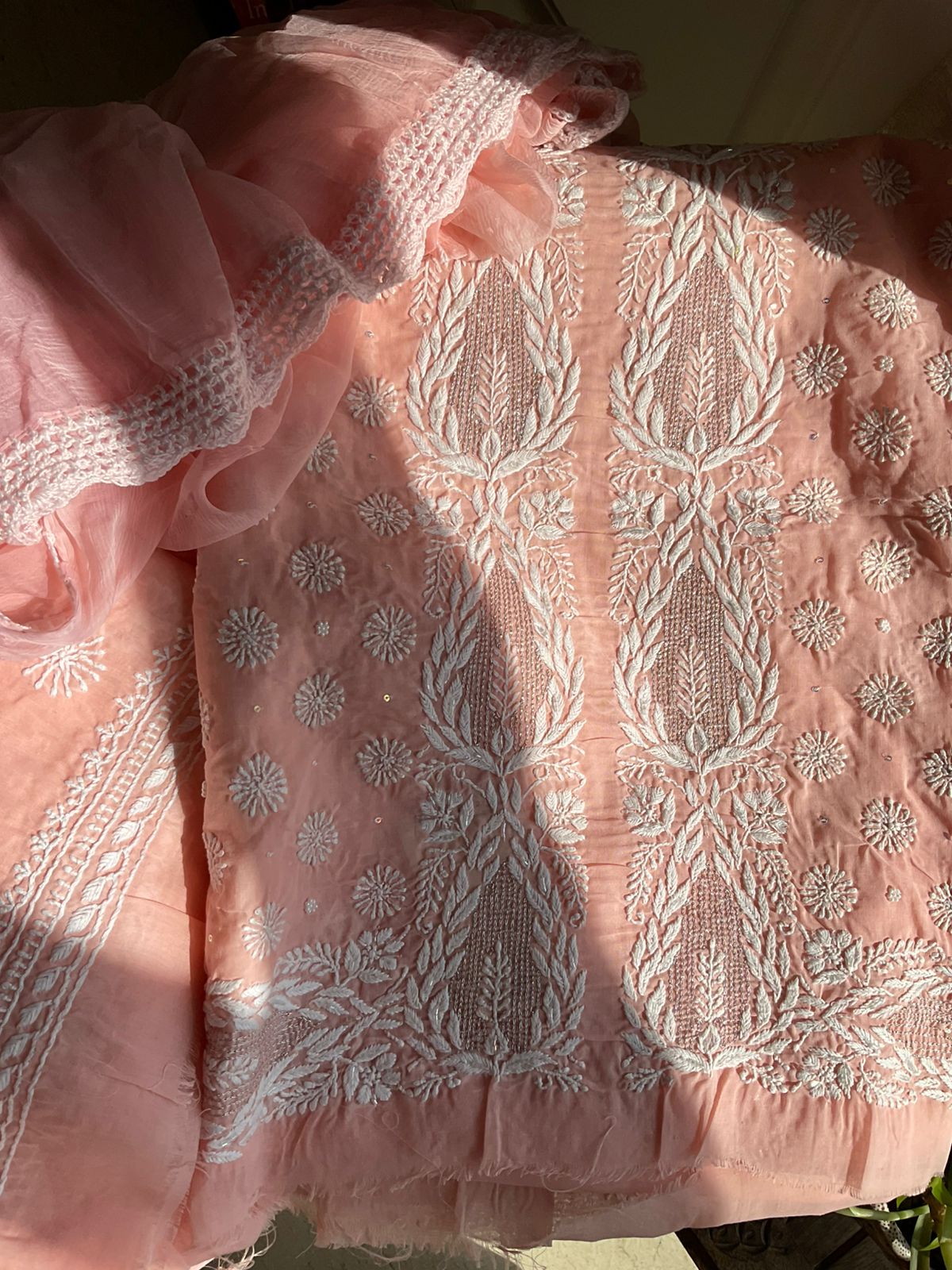 Pure Cotton Voile Kurta Set with Chikankari & Aari Work with Chiffon Dupatta (Set of 3) (Unstitched)