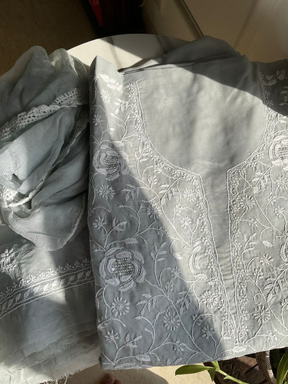 Powder Grey Pure Cotton Voile Kurta Set with Chikankari & Pearl-Sequin Work with Chiffon Dupatta (Set of 3) (Unstitched)