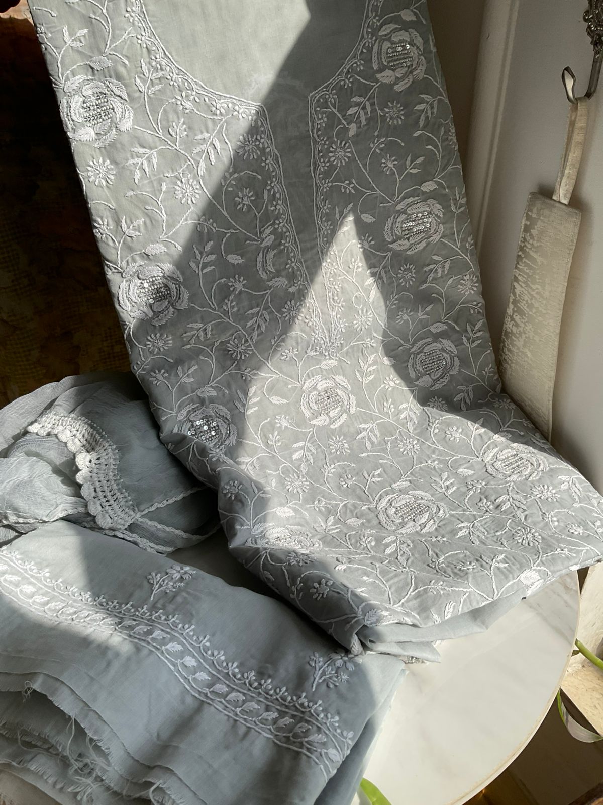 Powder Grey Pure Cotton Voile Kurta Set with Chikankari & Pearl-Sequin Work with Chiffon Dupatta (Set of 3) (Unstitched)