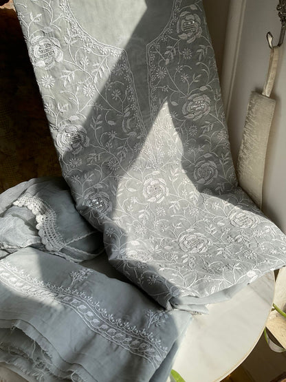Powder Grey Pure Cotton Voile Kurta Set with Chikankari & Pearl-Sequin Work with Chiffon Dupatta (Set of 3) (Unstitched)