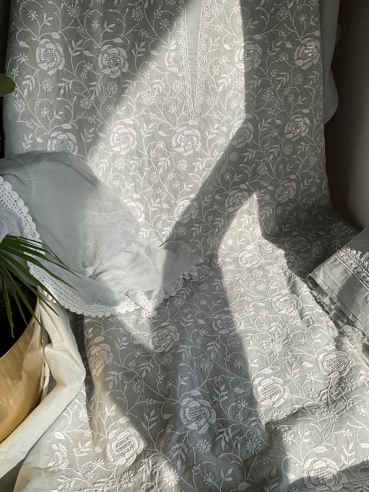 Powder Grey Pure Cotton Voile Kurta Set with Chikankari & Pearl-Sequin Work with Chiffon Dupatta (Set of 3) (Unstitched)
