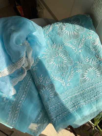 Pure Cotton Voile Kurta Set with Chikankari & Aari-Cutdana Work with Chiffon Dupatta (Set of 3) (Unstitched)